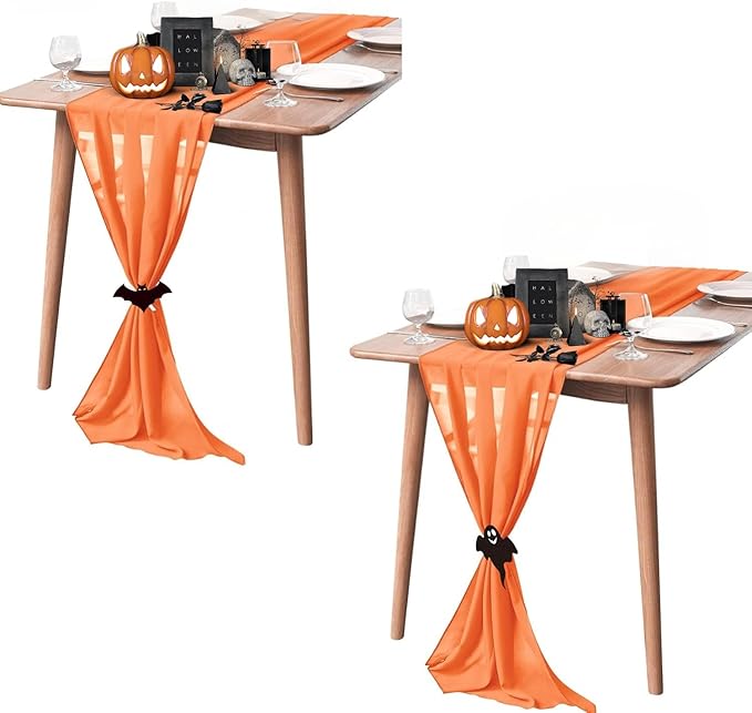 2 Pack 10Ft Chiffon Orange Table Runner Sheer 29x120 Inch for Romantic Wedding Decor Bridal & Baby Shower Birthday Rustic Party Decoration