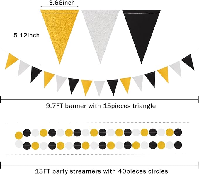 Silver Black Gold Party Decorations - 23pcs Tissue Paper Flowers Pom Poms Tassel Garland Pennant Banner Flags Streamers Birthday New Years Eve Retirement Graduation Classroom Hanging Decor Supplies