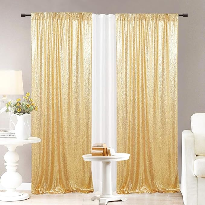 Eternal Beauty Gold Sequin Backdrop Curtains, Shimmer Back Drop 2Panels-2FTx8FT for Christmas, Party, Birthday, Photography, Wedding, Baby Shower Event Decoration