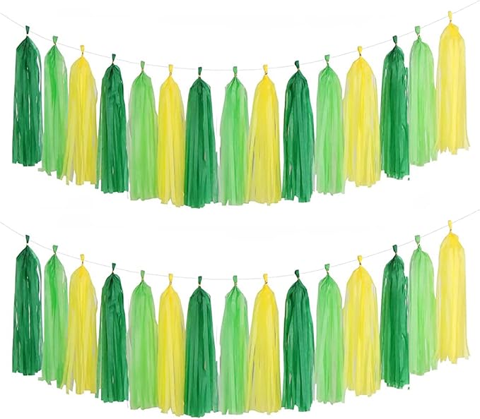 Green Light Green and Yellow Tassel Garland Banner Paper Tassels for Party Decorations,Pack of 15