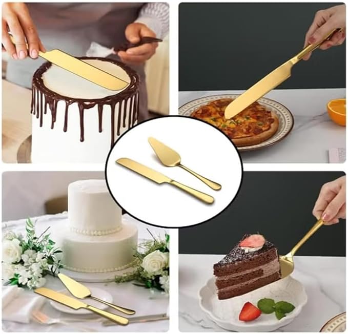 Elegant Gold Cake Cutting Set - 2 Piece Stainless Steel Knife and Server for Weddings, Birthdays, Anniversaries, and Celebrations - Gift for Bridal Showers and Cake Table Decorations