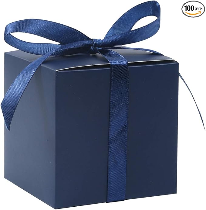 COTOPHER 100pcs Wedding Favor Boxes, Paper Gift Boxes 3x3x3 Inches Small Gift Boxes with Ribbons Small Boxes for Gifts, Crafting, Cupcake, Candy, Bridesmaid Proposal Boxes，Easy Assemble Boxes(Navy)
