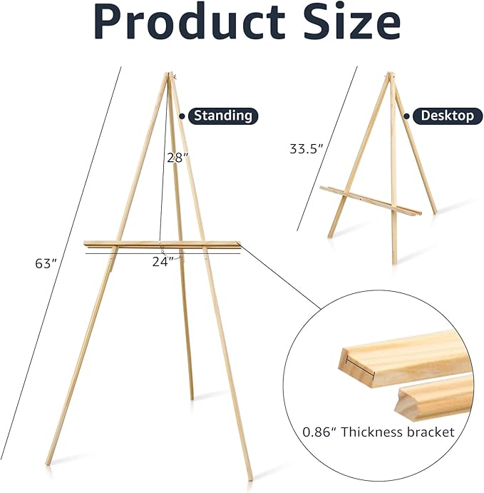 NianFeng Wooden Easel Stand for Sign, Easel Display Stand Floor for Wedding Sign with Adjustable Tray, 63-Inch, Tripod A-Frame Poster Light Duty, Welcome, Art Show & Baby Shower (Natural)