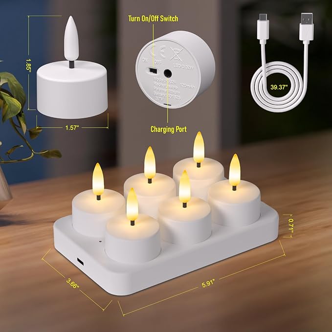 Flameless Tea Lights Candles with Charging Station, LED Tea Lights Candles with Remote Control Timer for Wedding, Christmas, Halloween,Anniversary, Home Decor, 6-Pack