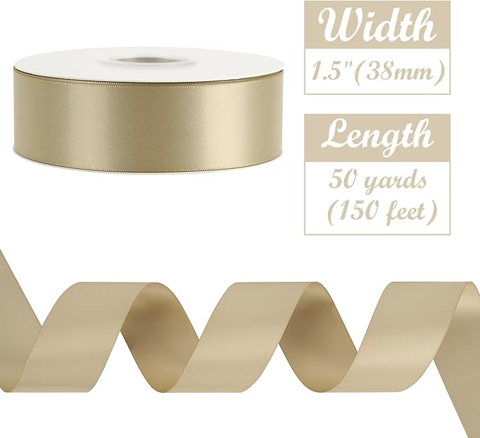 HUIHUANG Champagne Gold Satin Ribbon 1-1/2 inch x 50 Yards Champagne Double-Faced Satin Ribbon for Gift Wrapping, Bows, Flower Bouquet, Crafts, Bridal Shower Wedding Decor, Christmas Tree