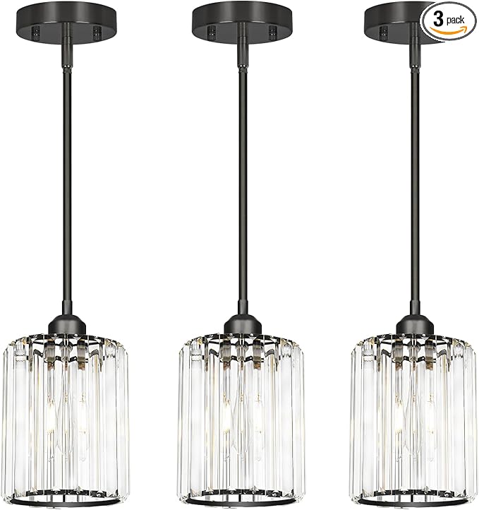 Black Kitchen Pendant Lights Over Island with Adjustable Rods - Crystal Pendant Lighting Fixtures 3 Pack, Ideal Over Dining Table or Bar, E26 Bulb Compatible, No Electrician Needed