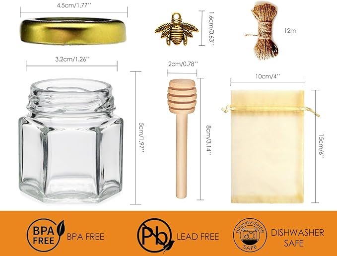 Honey Pot, Glass Honey Jars, Small Honey Jars with Wooden Dippers, Bee Charms, Gold Gift Bags and Jutes Lids, Mini Honey Jars Baby Shower Favors, 1.5oz 40 Pack