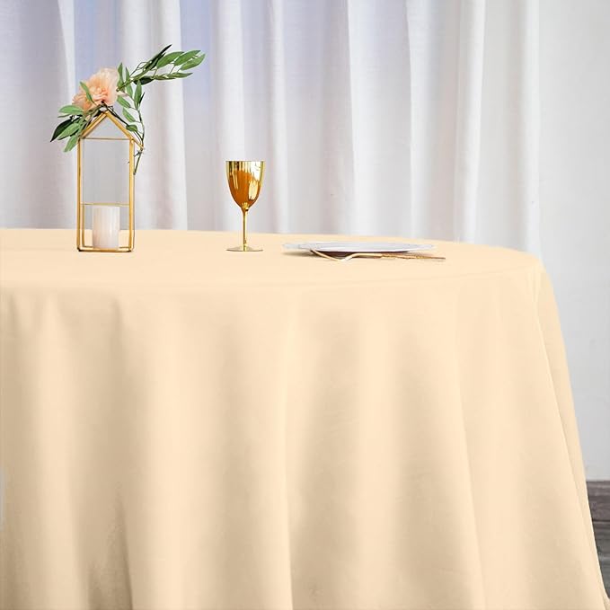 Efavormart Round Tablecloth, 132 Inch Stain & Wrinkle Resistant Washable Table Cloth, Decorative Polyester Fabric Table Cover for Banquet, Wedding, Dining- Beige