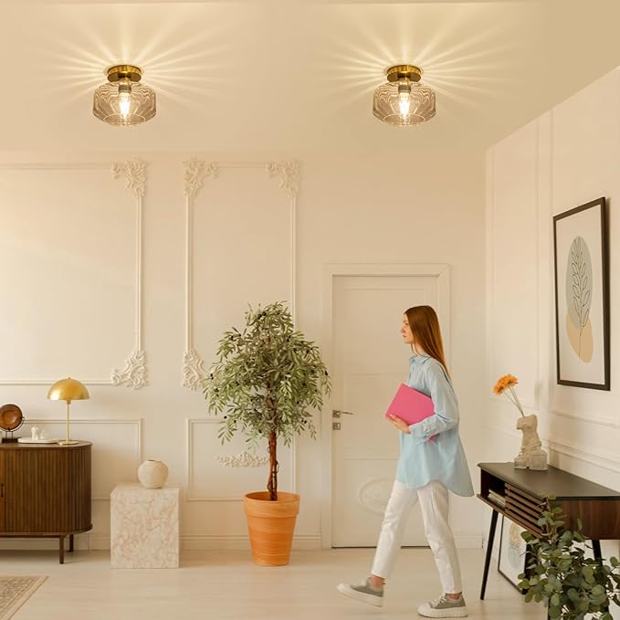 Gold Flush Mount Ceiling Light Modern - Hexagonal Diamond Faceted Glass, 50% Brighter 1200LM LED, Low-Profile for Kitchen/Hallway/Entryway, Tool-Free Installation (Brushed Gold Finish)