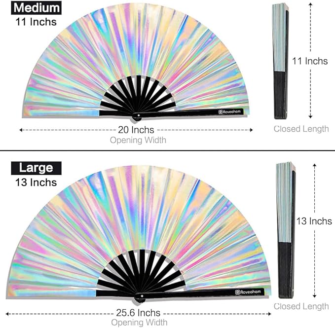 Large Rave Fan, Clack Folding Hand Fan with Premium Fabric, Thick Bamboo Frame for Men Women Gift for EDM, Festival, Club, Party, Dance, Decoration (Holographic Silver, 11")