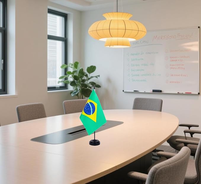 Brazil Desk Flag 12" Solid Pole Deluxe Set Brazilian Flags Banner Mini Small Brazil Office Table Flags with Black Stand Base Desktop Decorations(2Pack)