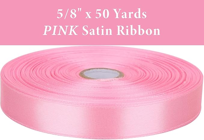 5/8" x 50 Yards Pink Satin Ribbon Single Faced Fabric Ribbons for Gift Wrapping, Crafting, Bows Making, Sewing, Wedding, Home Decor