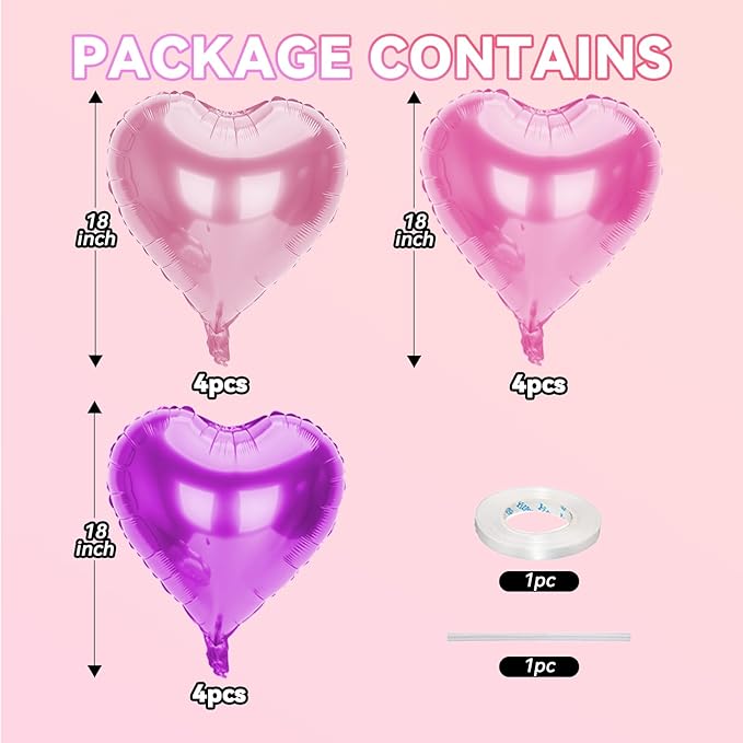12 Pcs Heart Balloons, 18 inch Pink Heart Shaped Balloon, Big Helium Foil Hot Pink Balloons for Wedding Baby Shower Anniversary Backdrop Valentine Women Girl Party Decoration