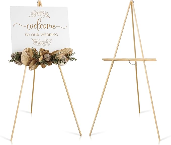NianFeng Wooden Easel Stand for Sign, Easel Display Stand Floor for Wedding Sign with Adjustable Tray, 63-Inch, Tripod A-Frame Poster Light Duty, Welcome, Art Show & Baby Shower (Natural)