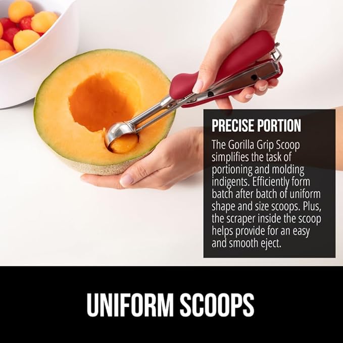 GORILLA GRIP Stainless Steel Cookie Scoop for Baking, 3 TBSP, Multipurpose Melon Baller, Meatball Spring Scoops, Perfect Portion Sizes, Easy Food Release, Scooper Size 20, BPA-Free Kitchen Tool, Red