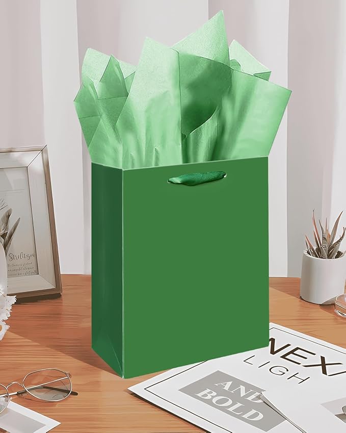 Gcardist Dark Green Gift Bags with Tissue Paper for Wedding, Birthday, Party Supplies-7.9"x4.3"x9.6" Medium Size Cardboard Gift Bags（5pcs Bags +10pcs Tissue Paper ）