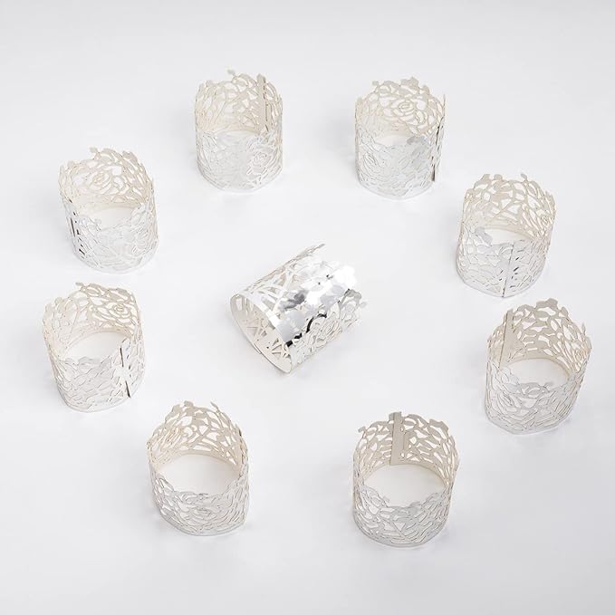 150PCS Rose Flower Paper Napkin Rings, Simple Napkin Holders Dinner Tables Rings Elegant Ornament Table Setting Decoration for Wedding, Christmas, Thanksgiving, Holiday, Party (Silver)