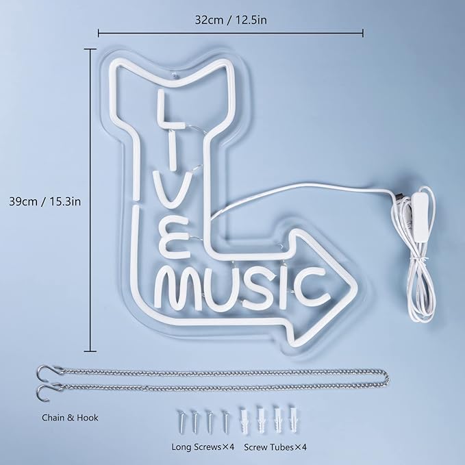 Live Music Neon Signs for Wall Decor LED Word Light Sign Pink Blue Neon Light Up Letters Sign for Bedroom Music Studio Rec Room Game Party Decor