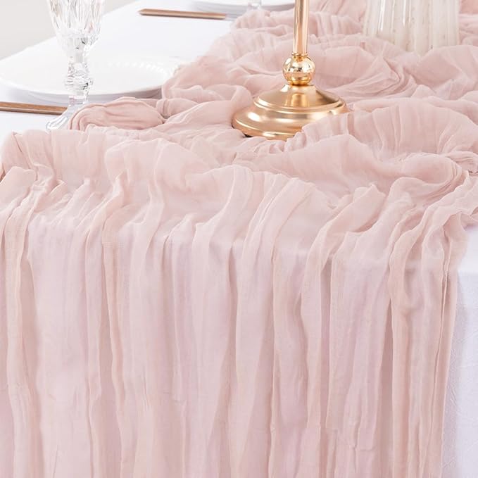 12Pcs Rubber Powder Cheesecloth Table Runner 120 Inch10FT Dust Powder Rustic Boho Cheesecloth Table Runnerfor Wedding Party Baby Shower Birthday Home Decor Holiday Decorations