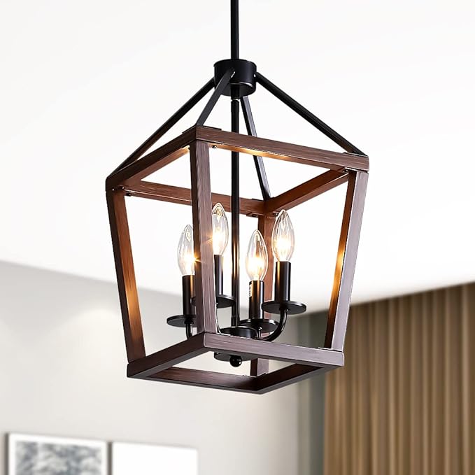 Farmhouse orb Metal Chandelier，4-Light Vintage Handmade Rustic Wood Pendant Hanging Light Fixture for Kitchen Island Dining Room Living Room Bedroom Foyer Hallway