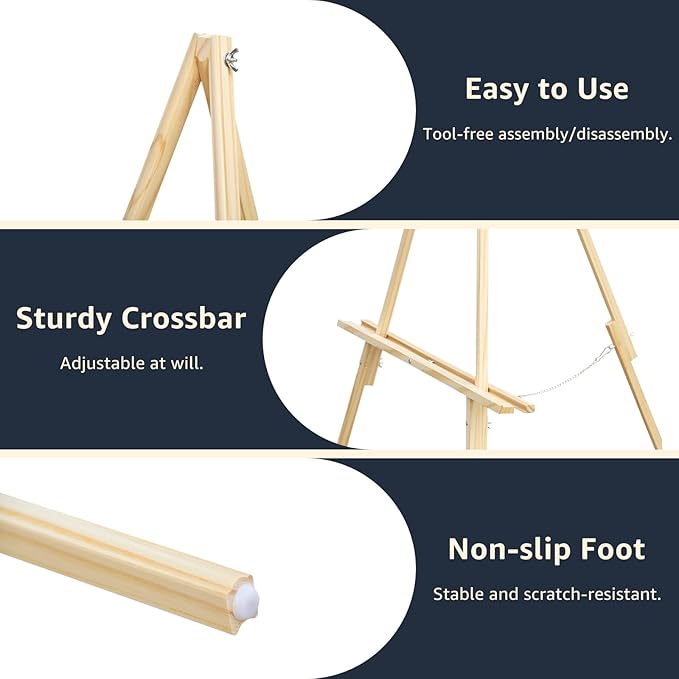 NianFeng Wooden Easel Stand for Sign, Easel Display Stand Floor for Wedding Sign with Adjustable Tray, 63-Inch, Tripod A-Frame Poster Light Duty, Welcome, Art Show & Baby Shower (Natural)