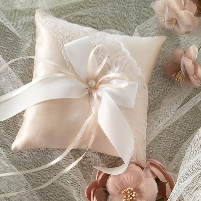 LUOZZY Wedding Ring Bearer Pillow Cushion with Pearls Decorations Wedding Ring Pillow Holder (Champagne 5.89 Inch)