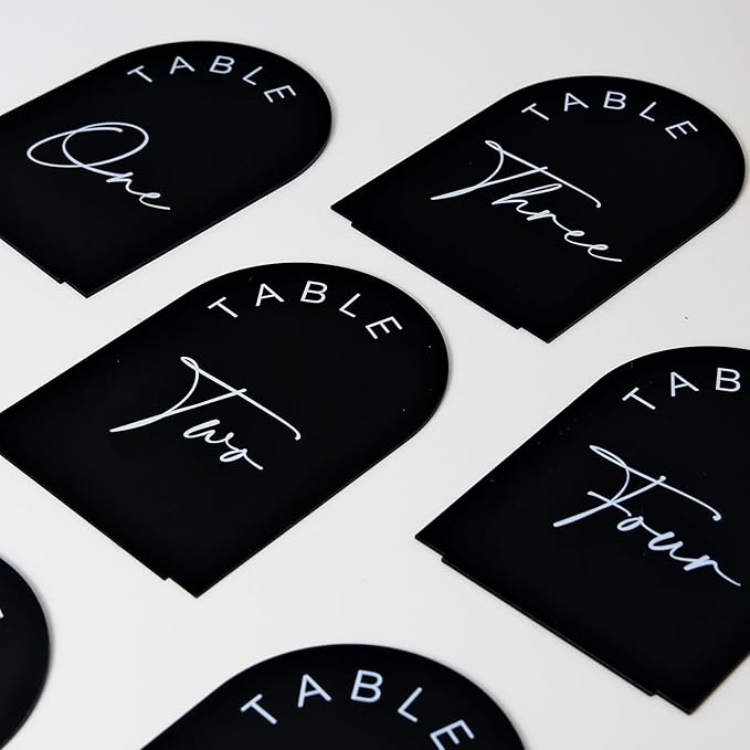 Black Arch Wedding Table Numbers with Stands 1-15, 5x7 Inch Black Acrylic Arch Sign with Holder, Arched Acrylic Table Numbers for Wedding Reception (1-15, 5"x7")