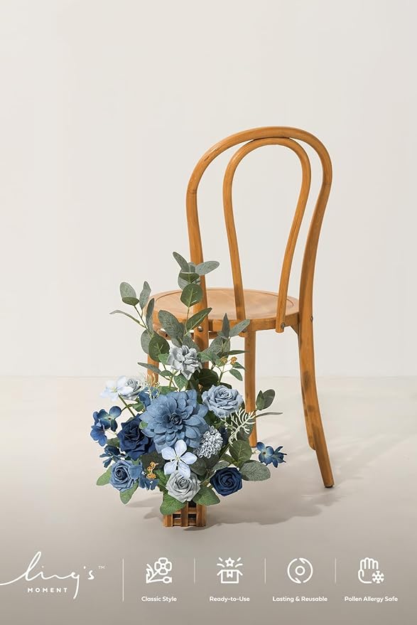 Ling's Moment 17.5" Tall Standing Artificial Flowers Arrangements 4pcs Fall Wedding Aisle Runner Chair Decorations Dusty Blue & Navy Centerpieces for Ceremony Reception Rose Floral Party Outdoor