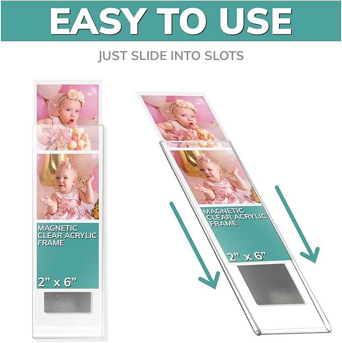 Photo Booth Frames - 2x6 Inch Clear Acrylic Magnetic Picture Frame for Refrigerator, Office Cabinet, Locker, or Dishwasher - 12 Count