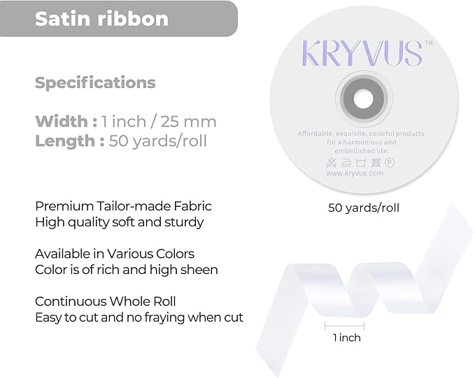 White Satin Ribbon 1 inch X Continuous 50 Yards, Single Face Polyester Ribbon Perfect for Gift Wrapping, Flower Bouquet, Wedding Decor, Crafts, Bow Making, Sewing and More