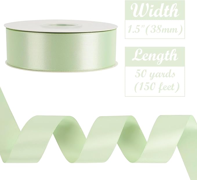 HUIHUANG Seafoam Green Satin Ribbon 1-1/2 inch x 50 Yards Pastel Green Silk Satin Ribbon for Gift Wrapping, Bows, Flower Bouquet, Eternal Roses, Crafts, Wedding Holiday Party Decor