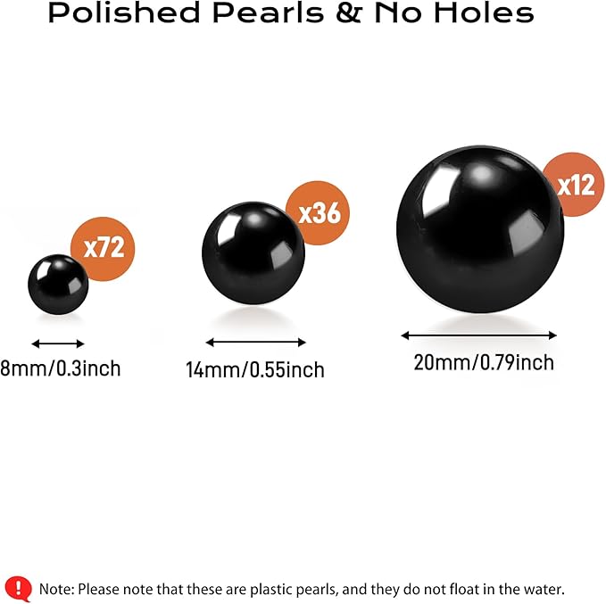 120 PCS 8/14/20mm No Hole Polish Pearl Beads for Centerpiece, Black Beads Decorative Vase Fillers, Plastics Pearls for Vases, Table Scatters, Wedding Party Decor