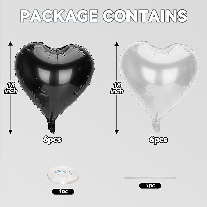 12 Pcs Heart Balloons, 18 inch Black Silver Heart Shaped Balloon, Big Helium Foil Black Silver Balloons for Wedding Baby Shower Anniversary Backdrop Valentine Party Decoration