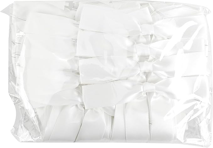 50 PCs White Bow Decor 5.5'' Satin Bows with Long Tail, Twist Tie Bows for Craft, Packaging Ribbon Bows, Premade Bows for Cake Decorating, Gift Bows for Treat, Wedding Favor, Party