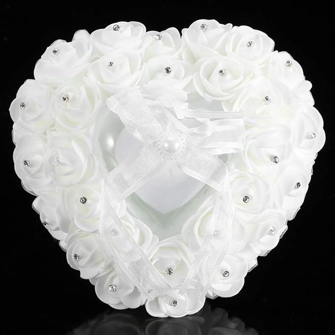 Hilitand Wedding Ring Cushion Pillow Romantic Heart Shaped Wedding Ring Box Rose Rhinestone Decorative Jewellery Boxes(White)