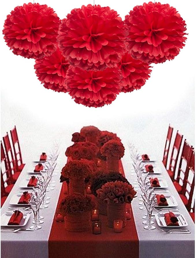 MOWO Red Paper Flower Tissue Pom Poms Party Supplies (red,12pc)