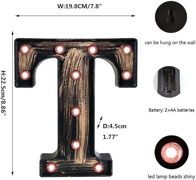 OYCBUZO Golden Black Led Marquee Letter - Industrial, Vintage Style Light Up Alphabet Letter Sign for Cafe Wedding Birthday Party Christmas Lamp Home Bar Initials Decor - T