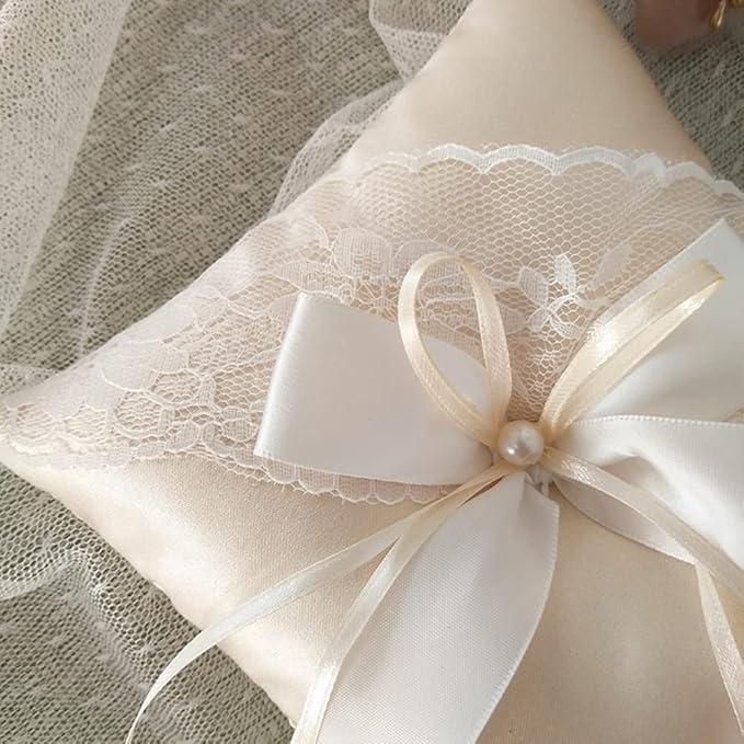LUOZZY Wedding Ring Bearer Pillow Cushion with Pearls Decorations Wedding Ring Pillow Holder (Champagne 5.89 Inch)