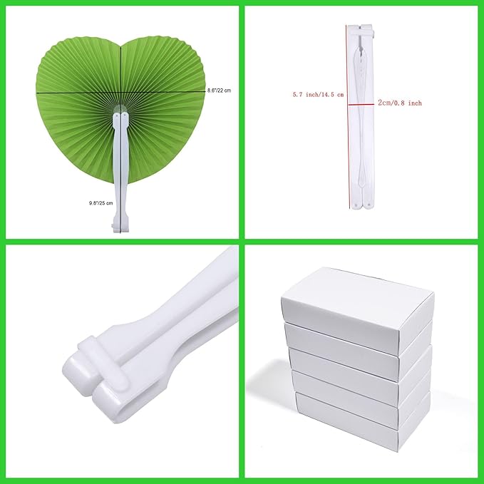 12 Packs Decorative Paper Folding Hand Fans Handheld,Grass Green Heart Foldable Wedding Fans Chinese and Japanese Fans Bulk for Bridal Guest Church Party Favors Dancing Birthday DIY