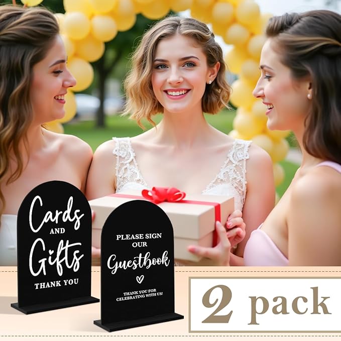 2 Pcs Acrylic Wedding Signs for Ceremony and Reception, Bridal Shower Decorations, Cards and Gifts Signs, Guest Book Sign, Arch Acrylic Table Top Sign with Holder for Wedding Reception (Black)