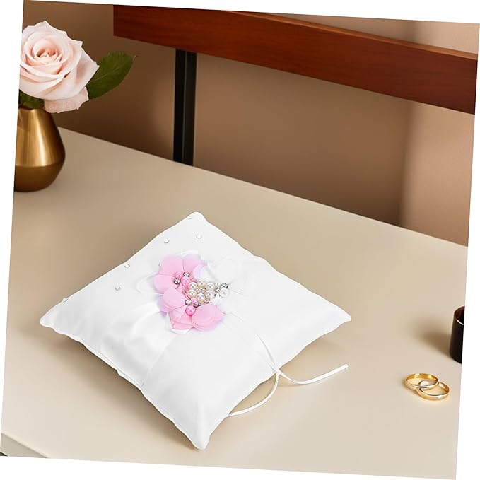 Floral Wedding Ring Bearer Pillow 20x20cm - Satin with Ribbon & Faux Pearls, Elegant Ceremony Decor for Bride and Flower Girl Accessories