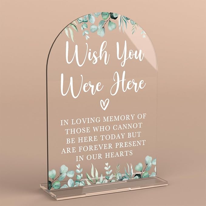 Acrylic Wedding Sign Wish You Were Here Signs for Ceremony Modern Calligraphy Arch Acrylic Table Top Signs for Wedding Reception and Event Party Table Decor (Eucalyptus Leaves)