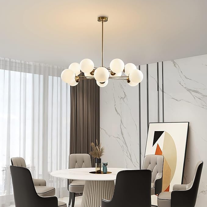 KCO Lighting 12-Light Glass Globe Sputnik Chandelier Light Fixture Mid Century Modern Chandeliers Brushed Brass Chandelier Milk White Glass Ceiling Light Fixture (Gold+White)