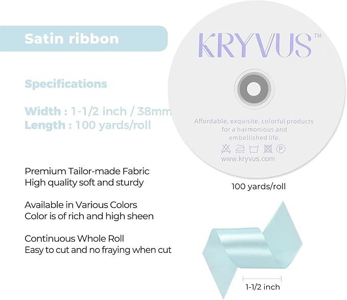 Light Blue Satin Ribbon 1-1/2 inch X Continuous 100 Yards, Single Face Polyester Ribbon Perfect for Gift Wrapping, Flower Bouquet, Wedding Decor, Crafts, Bow Making, Sewing and More