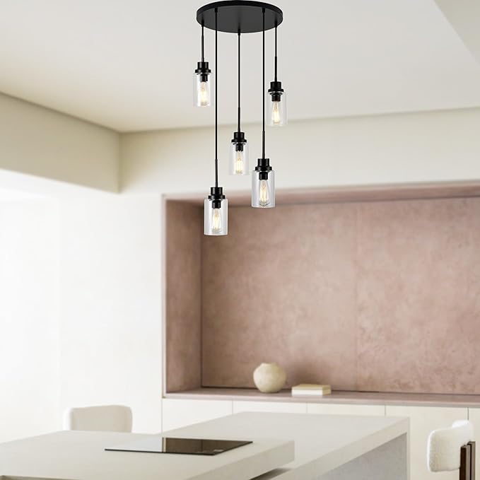 5-Light Kitchen Island Dimmable Pendant Lights with Clear Glass Shade, Black Finish for Dinning Room, Living Room, Kitchen Island