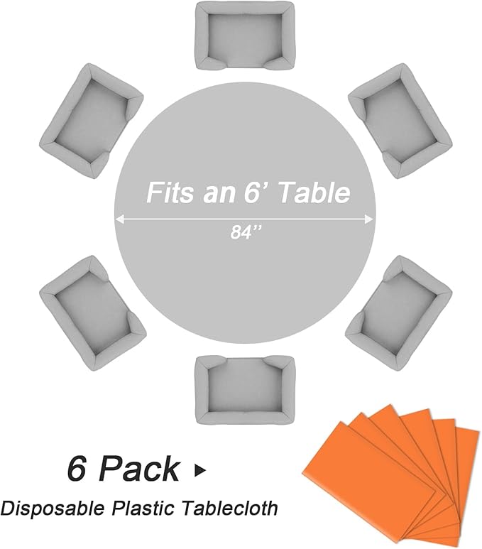 QIKSION Orange Round Tablecloth 6 Pack, 84 Inch Plastic Table Cover Disposable for Parties
