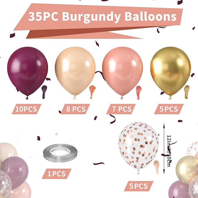 Burgundy Balloons, Rose Champagne Gold Balloons Burgundy Rose Pearl Balloon Wine Red Metallic Gold Balloon for Wedding Bridal Shower Birthday Party Celebration Baby Shower Anniversary Decorations