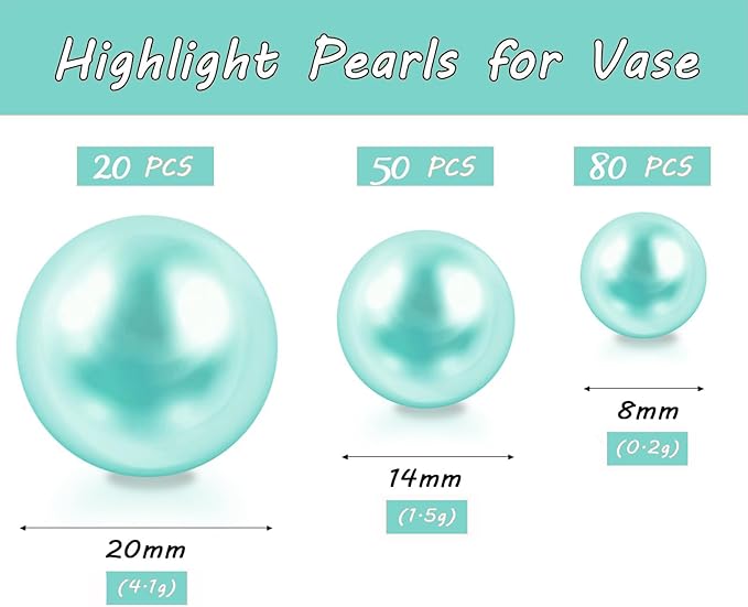 150Pcs Lake Blue Polished No Hole Faux Pearl Beads for Vase Filling Decorations, Plastic Pearls Vase Fillers, Table Scatters, Wedding Centerpiece, Home Decor, 8/14/20 mm
