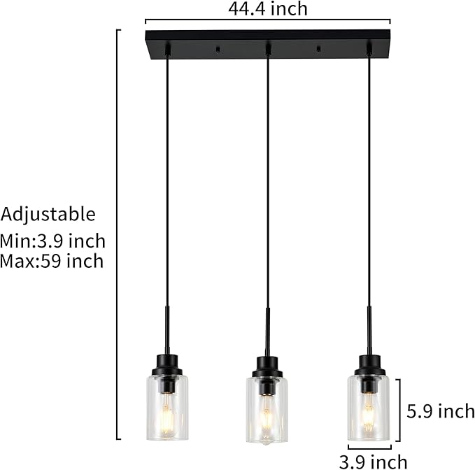 3-Lights Pendant Light Fixtures, Modern Black Kitchen Island Lighting with Clear Glass Shade, Adjustable Hanging Ceiling Lamp