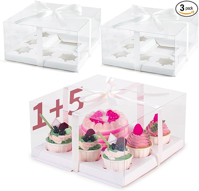 JCD 3 Packs Cake Cupcakes Combo Box 1+5 Cupcake Containers with Gift Ribbon Bento Clear Boxes (5 Cupcakes with Cake)(1+5/3Pcs)